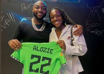 Falcons star, Michelle Alozie gifts Davido jersey in US