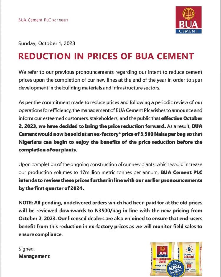 the Management of Bua Group Has Announced a Reduction in the Price of Its Cement from N5 500 to N3500 Effective Monday October 2 2023 the Management of Bua Group Has Announced a Reduction in the Price of Its Cement from N5 500 to N3500 Effective Monday October 2 2023