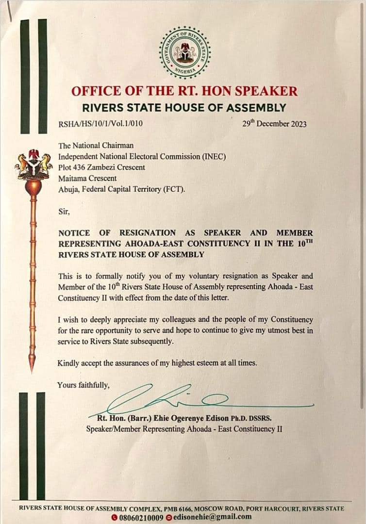 Just In Rivers Assembly Speaker Ehie Edison Resigns Just In Rivers Assembly Speaker Ehie Edison Resigns