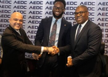 From Left: Mr. Hussein Akar, Managing Director The Wood Factory, Abuja; Mr. Victor T. Ezenwoko, Country Head Nigeria and Ghana, Daystar; Mr. Christopher Ezeafulukwe, MD/CEO Abuja Electricity Distribution Plc. at the signing of a tripartite agreement to deliver Uninterrupted Inter-Connected power solution for The Wood Factory in Abuja on Thursday