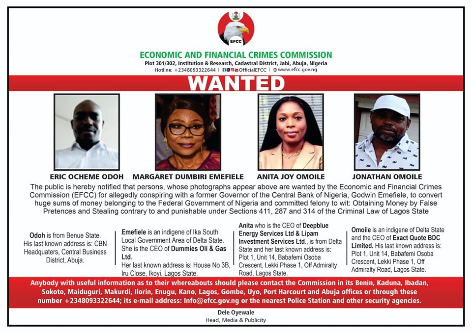 Alleged Fraud Efcc Declares Emefieles Wife Three Others Wanted Margaret Emefiele the Wife of a Former Governor of the Central Bank of Nigeria Godwin Emefiele and Three Others Have Been Declared Wanted for Money Margaret Emefiele the Wife of a Former Governor of the Central Bank of Nigeria Godwin Emefiele and Three Others Have Been Declared Wanted for Money