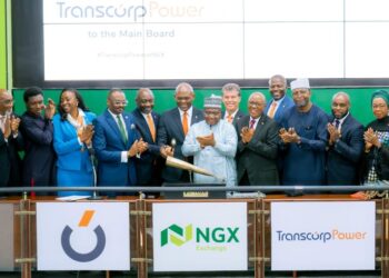 l-r: Acting CEO, Nigerian Exchange(NGx) Limited, Jude Chiemeka; Managing Director/CEO, Transcorp Power Plc, Engr. Peter Ikenga; Group Chairman, Transcorp Plc, Mr. Tony Elumelu; Chairman, Nigerian Exchange Group, Dr. Umaru Kwairanga; Non-Executive Director, Transcorp Power Plc, Peter Hertog; Chairman, Transcorp Power Plc, Mr. Emmanuel Nnorom; Chief Financial Officer, Transcorp Plc, Evans Okpogoro;  Non-Executive Director, Transcorp Power Plc, Risqua Muhammed;, during the Facts Behind the Listing and Closing Gong Ceremony of Transcorp Power Plc to commemorate the Listing by Introduction of 7,500,000,000 Ordinary Shares of 50 kobo each at N240.00 per share on Nigerian Exchange Limited today in Lagos.