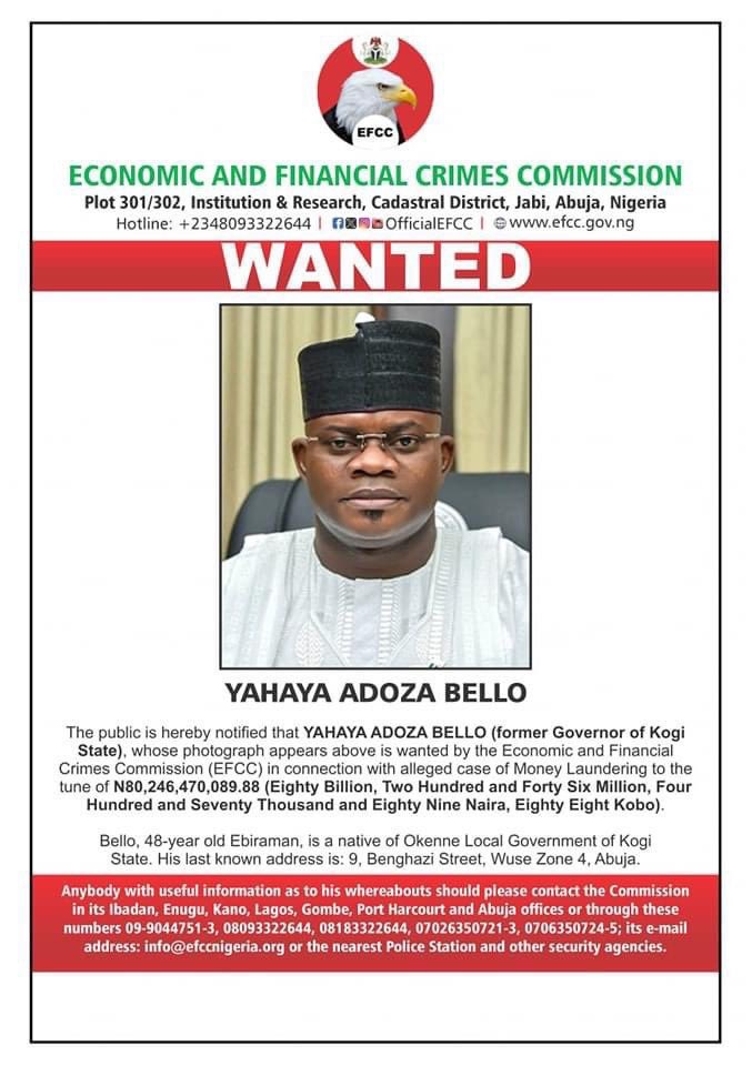 JUST IN: EFCC declares Yahaya Bello wanted over alleged N80.2b fraud
