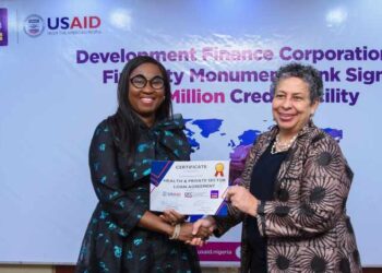 The Managing Director of First City Monument Bank (FCMB), Mrs. Yemisi Edun and Mission Director of the United States Agency for International Development (USAID), Melissa Jones, during the signing of a partnership agreement to facilitate $10 million in new loans for underserved borrowers, MSMEs in the health sector and informal businesses from all sectors of the economy on Wednesday, May 8, 2024, in Lagos.