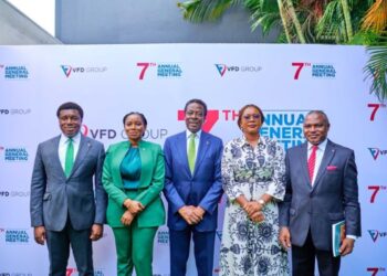 Nonso Okpala, GMD/CEO, VFD Group Plc; Gbeminiyi Shoda, Company Secretary, VFD Group Plc; Olatunde Busari (SAN), Chairman, VFD Group Plc; Omolola Bolusire, Independent Non-Executive Director, VFD Group Plc; and Adegboyega Olanrewaju Fatoki, Independent Non-Executive Director, VFD Group Plc at the recently concluded 7th Annual General Meeting announcing the new board of directors